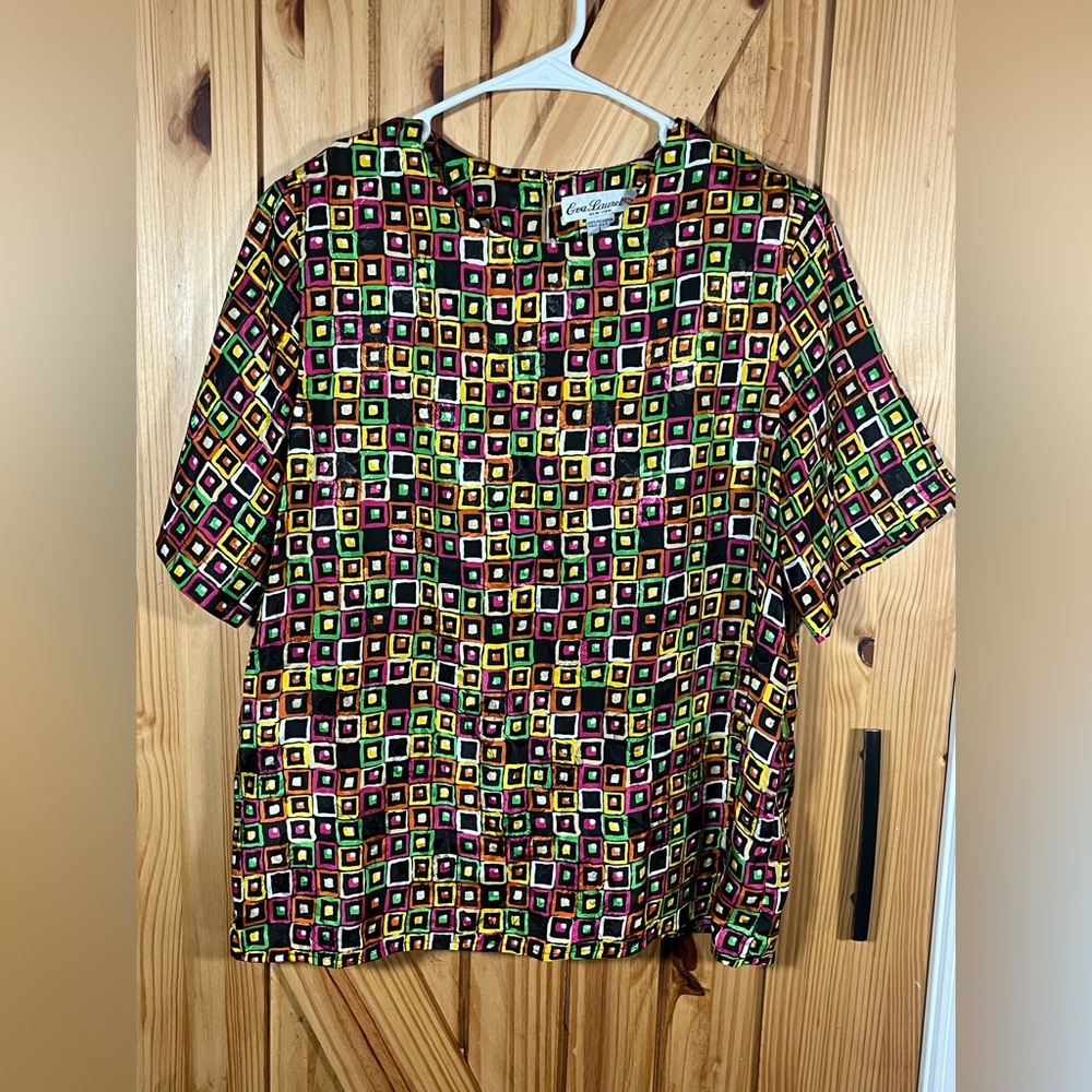 Vintage Eva Laurel Multicolor Geometric Floral Print Blouse Size Large